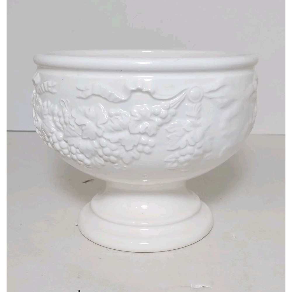 Vintage NAPCO Milk Glass Pedestal Vase Planter Pot W/ Fruit Grape Design‎ 6x6 In